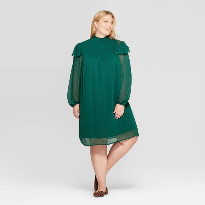 Women's Plus Size Long Sleeve High Neck Midi Dress - Ava & Viv Dark Green 4x, Women's,