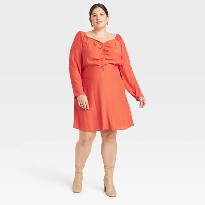 Women's Plus Size Puff Long Sleeve Ruched Front Dress - A New Day Orange