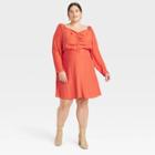 Women's Plus Size Puff Long Sleeve Ruched Front Dress - A New Day Orange