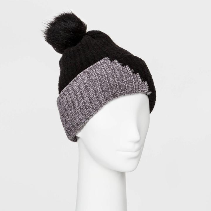 Women's Chenille Block Beanie - A New Day Black One Size, Women's, Ebony