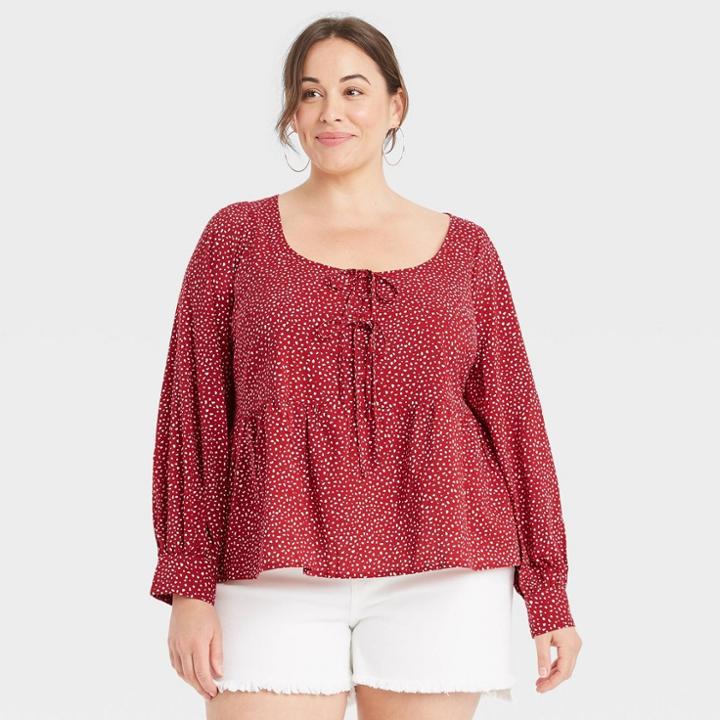 Women's Plus Size Long Sleeve U-neck Tie-front Babydoll Blouse - Ava & Viv Red Printed X
