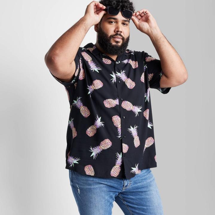 Adult Extended Size Short Sleeve Woven Button-down Shirt - Original Use Black/fruit Print