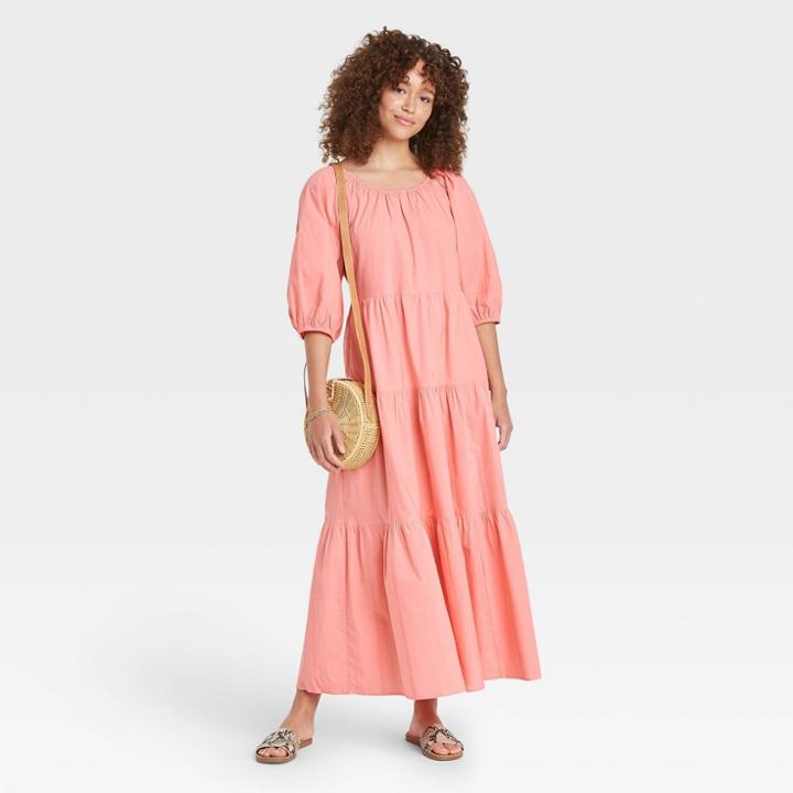 Women's Puff 3/4 Sleeve Tiered Dress - Universal Thread Coral