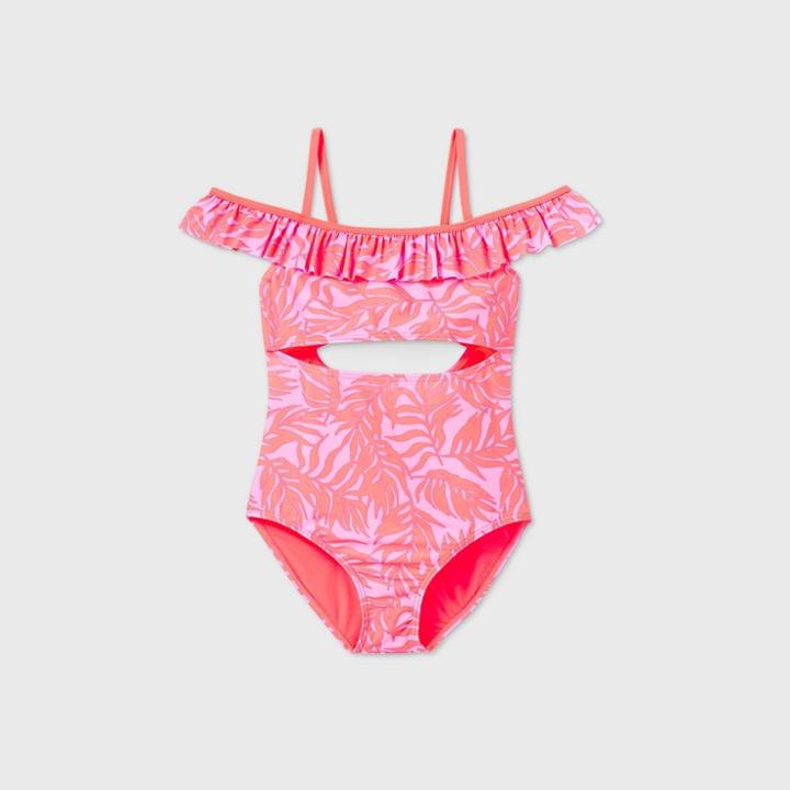 Girls' Off Shoulder Leaf Print One Piece Swimsuit - Art Class Pink