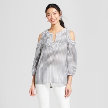 Women's Striped 3/4 Sleeve Embroidered Cold Shoulder Shirt - August Moon Gray/white