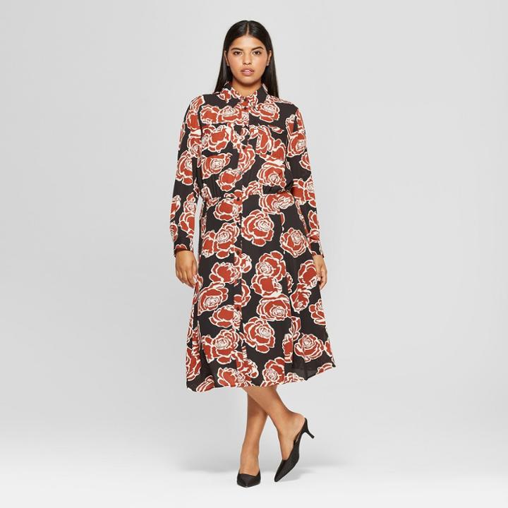 Women's Plus Size Floral Print Convertible Sleeve Midi Shirt Dress - Who What Wear Black 4x, Black Floral