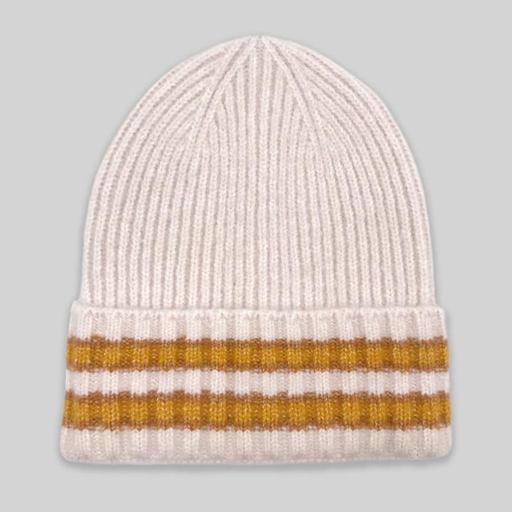 Women's Striped Cuffed Beanie - A New Day Cream One Size, Beige