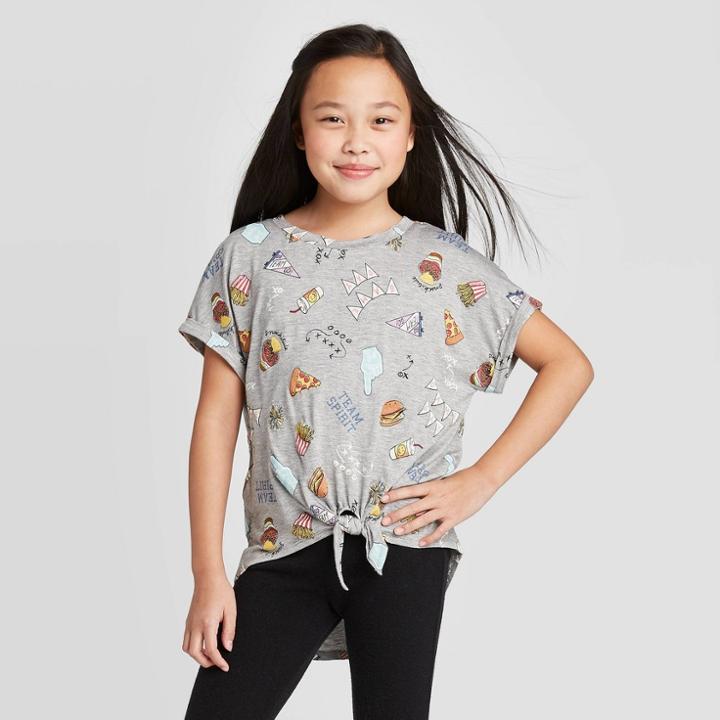 Petitegirls' Short Sleeve Pizza Print Graphic T-shirt - Art Class Gray S, Girl's,