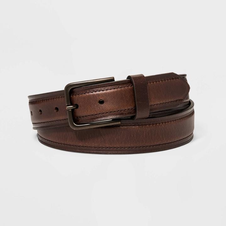 Men's Leather Strap With Heat Crease & Edge Stitch Belt - Goodfellow & Co Brown