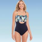 Women's Slimming Control Smocked Cut Out One Piece Swimsuit - Beach Betty By Miracle Brands Black Floral