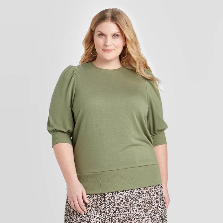 Women's Plus Size Elbow Sleeve Sweatshirt - Ava & Viv Olive X, Women's, Green