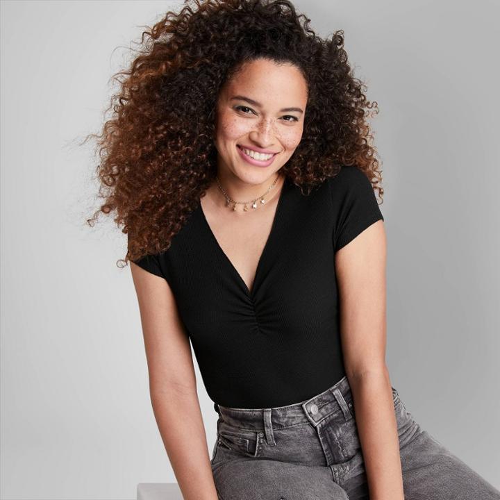 Women's Short Sleeve V-neck Cinch Front Thermal Baby T-shirt - Wild Fable Black