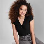 Women's Short Sleeve V-neck Cinch Front Thermal Baby T-shirt - Wild Fable Black
