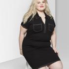 Women's Plus Size Short Sleeve V-neck Zip Front Collared Knit Dress - Wild Fable Black