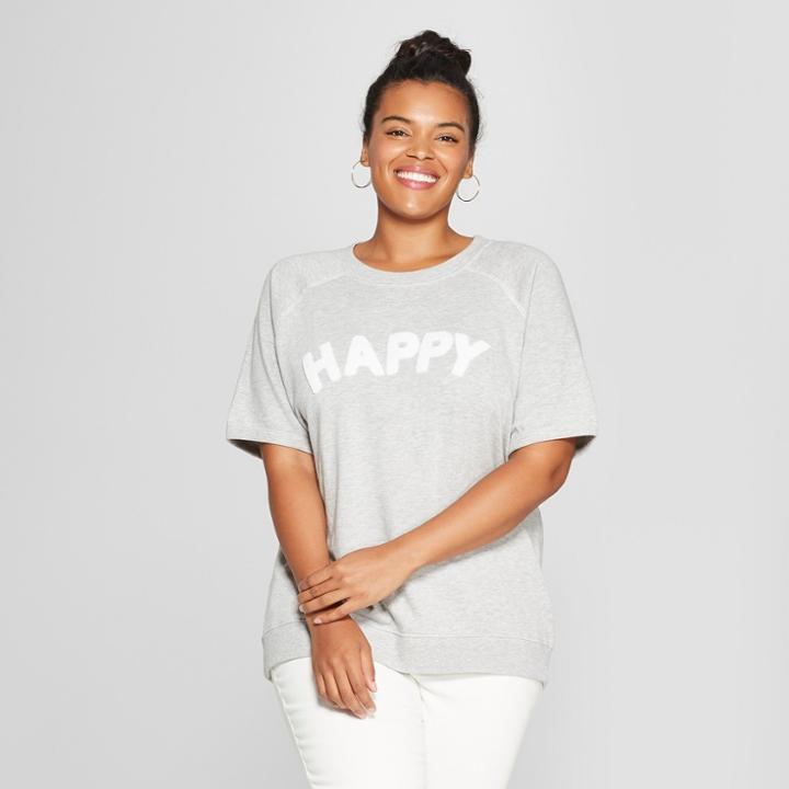 Women's Plus Size Short Sleeve Happy Chenille French Terry Graphic T-shirt - Grayson Threads (juniors') Heather Gray