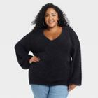 Women's Plus Size Chenille V-neck Pullover Sweater - Ava & Viv Black