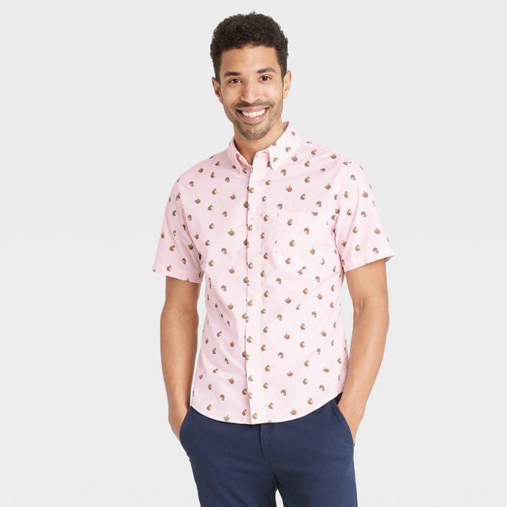 Men's Printed Slim Fit Stretch Poplin Short Sleeve Button-down Shirt - Goodfellow & Co Ballet Pink