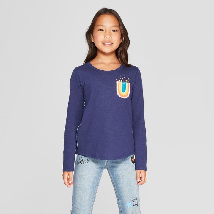 Girls' Long Sleeve Rainbow Pocket T-shirt - Cat & Jack Navy