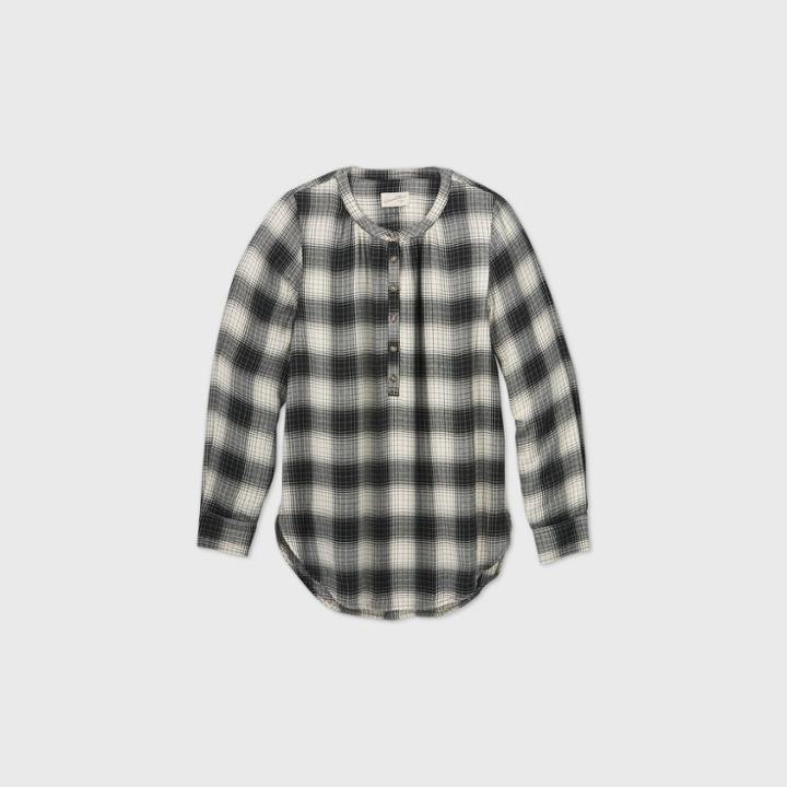 Women's Plaid Long Sleeve Tunic Popover Blouse - Universal Thread Black