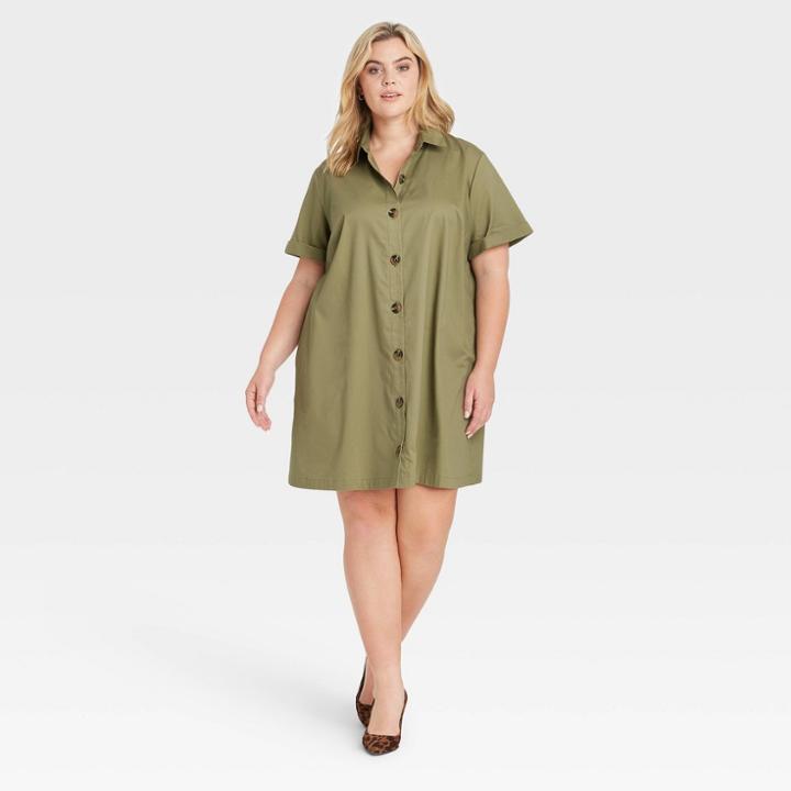 Women's Plus Size Short Sleeve Button-up Trapeze Dress - Who What Wear Olive Green