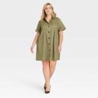 Women's Plus Size Short Sleeve Button-up Trapeze Dress - Who What Wear Olive Green