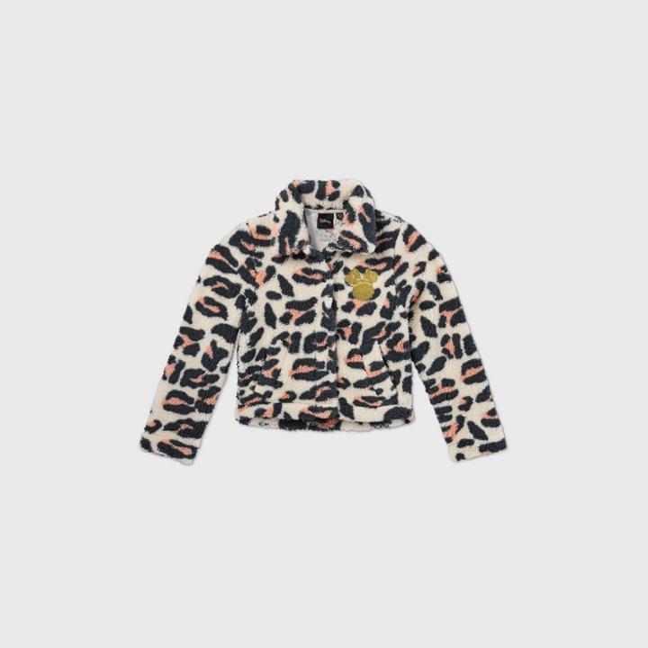 Girl's Disney Mickey Leopard Print Button-up Family Fleece Jacket - Cream