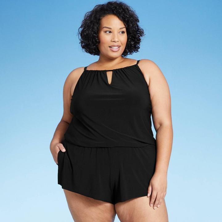 Women's Plus Size High Neck Swim Romper With Pockets - Aqua Green Black