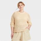 Women's Plus Size Open Work Crewneck Pullover Sweater - Universal Thread Cream