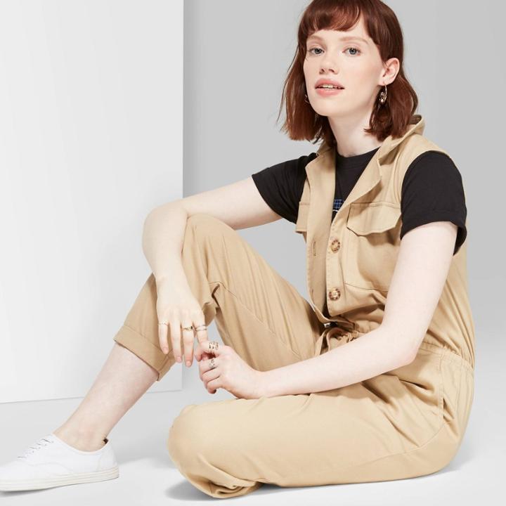 Target Women's Sleeveless V-neck Button-front Utility Jumpsuit - Wild Fable Khaki