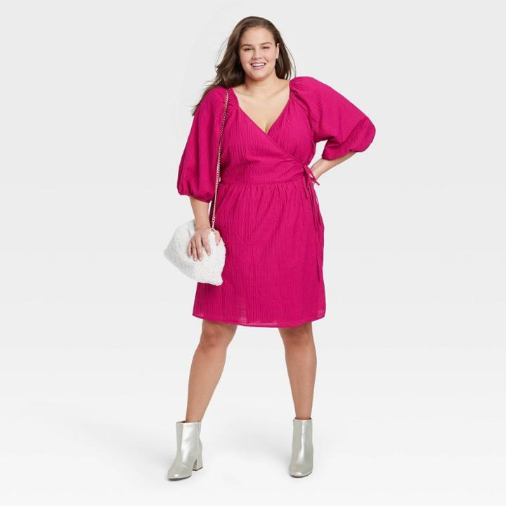 Women's Plus Size Balloon Elbow Sleeve Tie Waist Wrap Dress - A New Day Dark Pink
