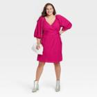 Women's Plus Size Balloon Elbow Sleeve Tie Waist Wrap Dress - A New Day Dark Pink