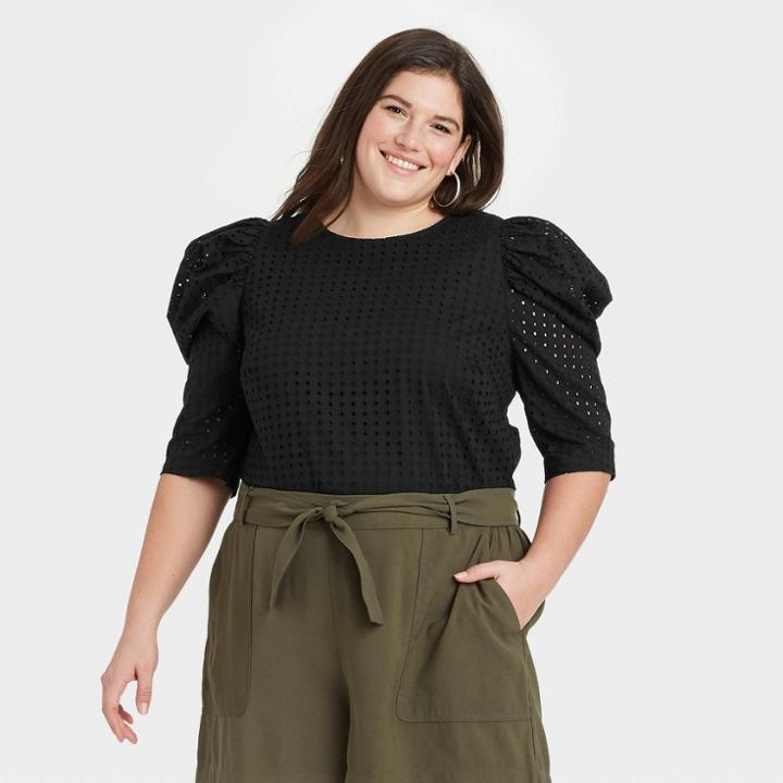 Women's Plus Size 3/4 Sleeve Eyelet Top - A New Day Black
