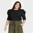 Women's Plus Size 3/4 Sleeve Eyelet Top - A New Day Black