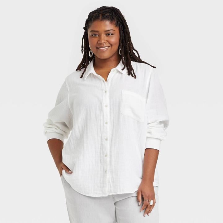 Women's Plus Size Long Sleeve Relaxed Fit Gauze Button-down Shirt - Universal Thread White