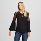 Eclair Women's Bell Sleeve Blouse With Lace Trim - Clair Black