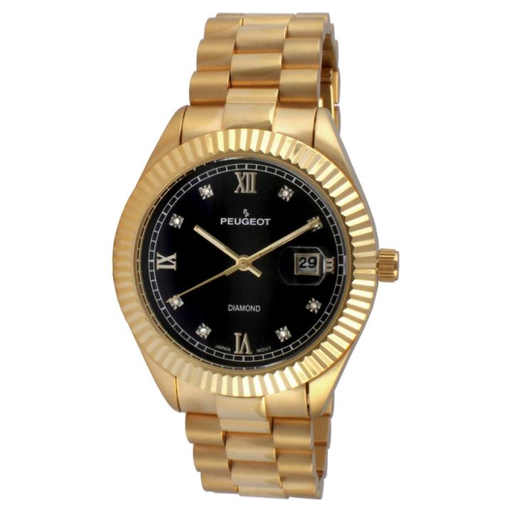 Peugeot Watches Men's Peugeot 14k Gold Plated Stainless Steel Diamond Marker Bracelet Watch - Gold/black