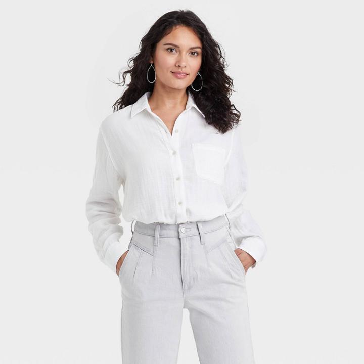Women's Long Sleeve Relaxed Fit Gauze Button-down Shirt - Universal Thread White