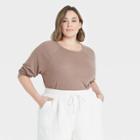Women's Plus Size Long Sleeve Linen T-shirt - A New Day Brown