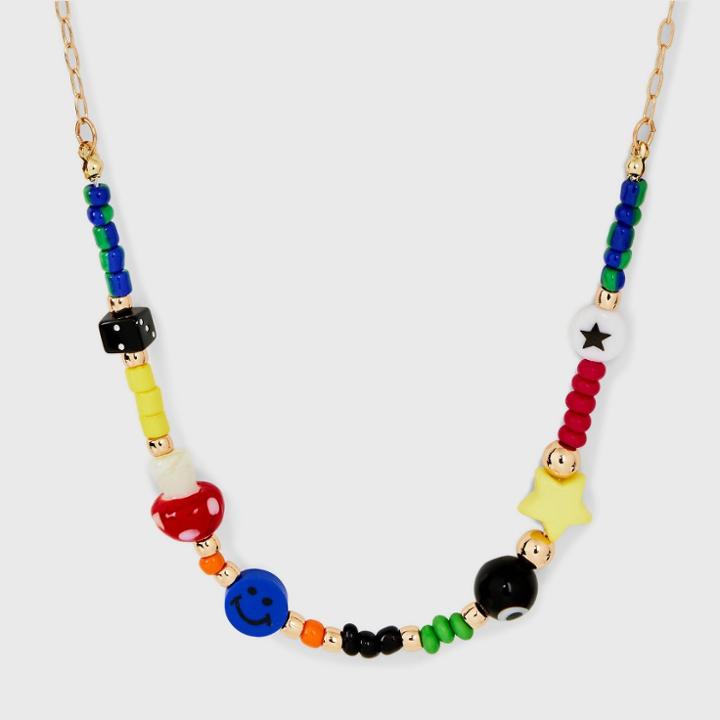 Mushroom Smiley And Star Beaded Necklace - Wild Fable , Brown