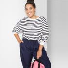 Women's Striped Plus Size Long Sleeve Skater Boxy T-shirt - Wild Fable White/navy