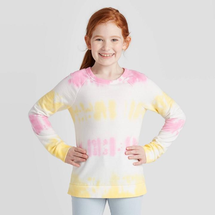 Girls' Tie Dye Pullover Sweatshirt - Cat & Jack Pink/yellow L, Girl's, Size: Large,