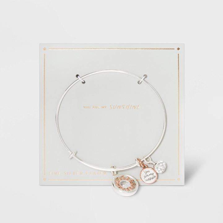 No Brand Silver Plated Adjustable Bangle With Flash Rose Flower Shaker Charm Bracelet - Silver Gray, Gray/pink/silver