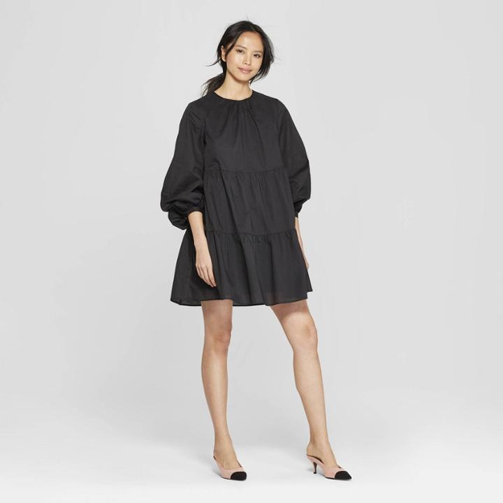 Women's Long Sleeve Flowy Tiered Mini Babydoll Dress - Who What Wear Black