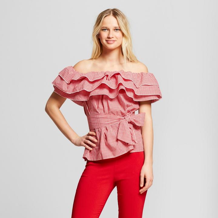 Women's Gingham Seersucker Ruffle Bardot Top - Who What Wear Red Xl, Red Gingham