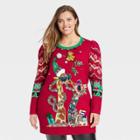 33 Degrees Women's Plus Size Holiday Giraffe Mistletoe Graphic Sweater - Red