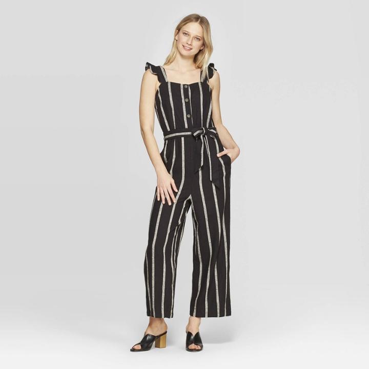 Women's Striped Sleeveless Off The Shoulder Wide Leg Button-front Button Front Tie Waist Jumpsuit - Who What Wear Black/white