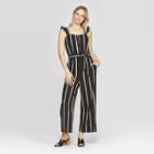 Women's Striped Sleeveless Off The Shoulder Wide Leg Button-front Button Front Tie Waist Jumpsuit - Who What Wear Black/white
