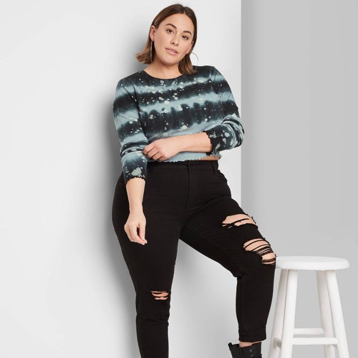 Women's Plus Size Long Sleeve Fitted Rib-knit T-shirt - Wild Fable Black Tie-dye