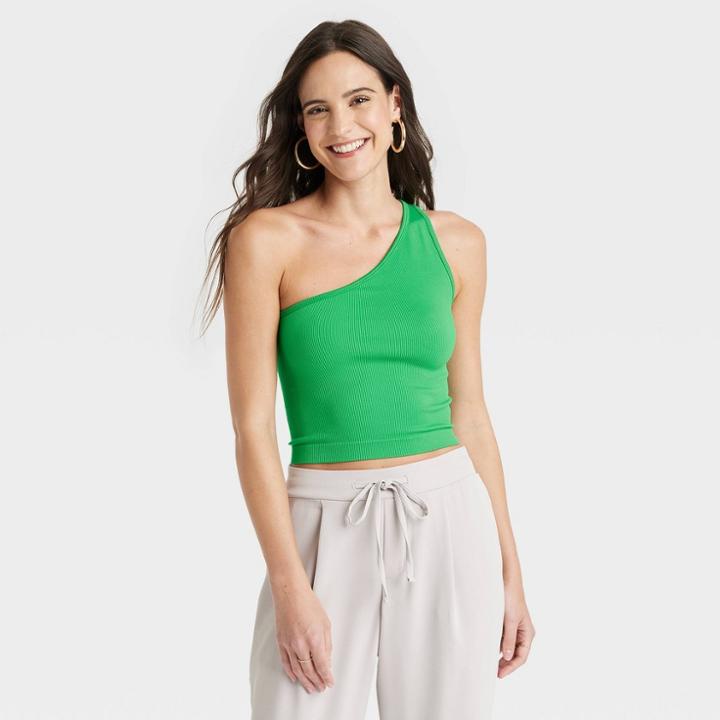 Women's One Shoulder Slim Fit Seamless Ribbed Tank Top - A New Day Green