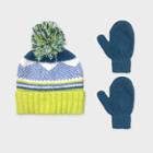 Toddler Boys' Knitted Jacquard Beanie And Basic Magic Mittens Set - Cat & Jack Blue/yellow